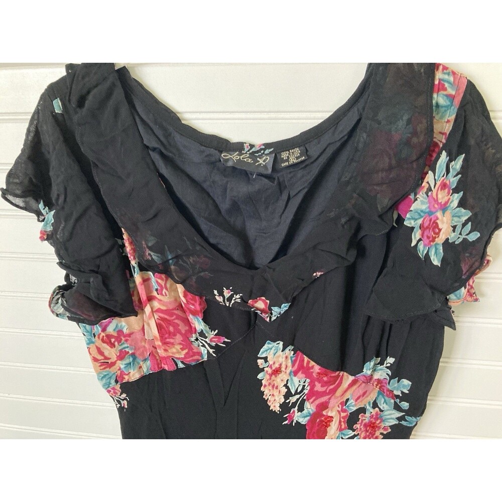 Vintage Lola P. Floral Beaded Maxi Dress XL Ruffle Bias Cut Black Romantic - Picture 3 of 13